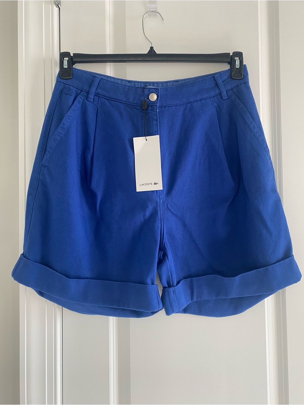 NWT Lacoste Royal Blue Denim Bermuda Shorts Size 10 W/Pocket & Pleats, Zip, Cuff